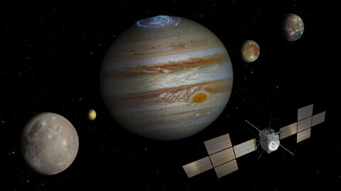 Space image Jupiter and its three months, in the foreground the ESA probe “Juice"