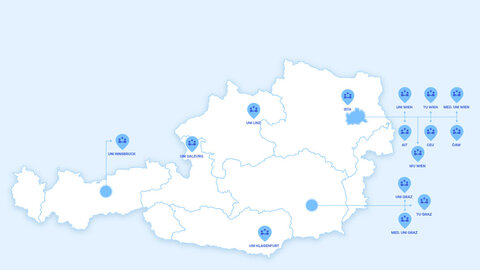 Landkarte von Österreich mit den Clusters of Excellence auf hellblauem Hintrgrund