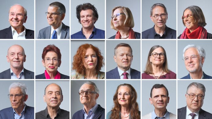 Mosaic with the faces of 18 award-winning researchers