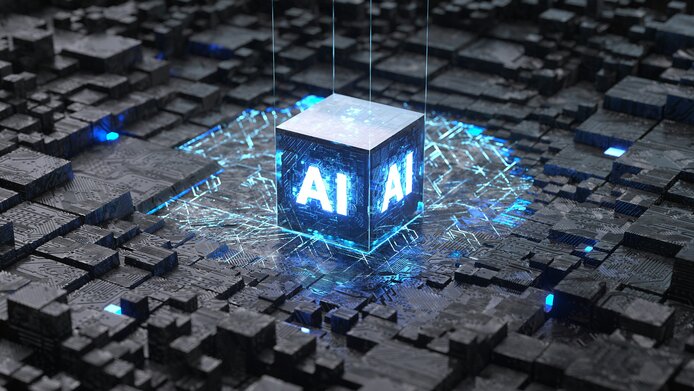 Representation of AI as a blue cube with the inscription "AI"