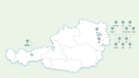 Landkarte von Österreich mit den Emerging Fields auf hellgrünem Hintergrund